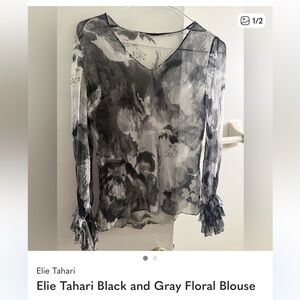 Elie Tahari Black Floral Sheer Pleated Blouse